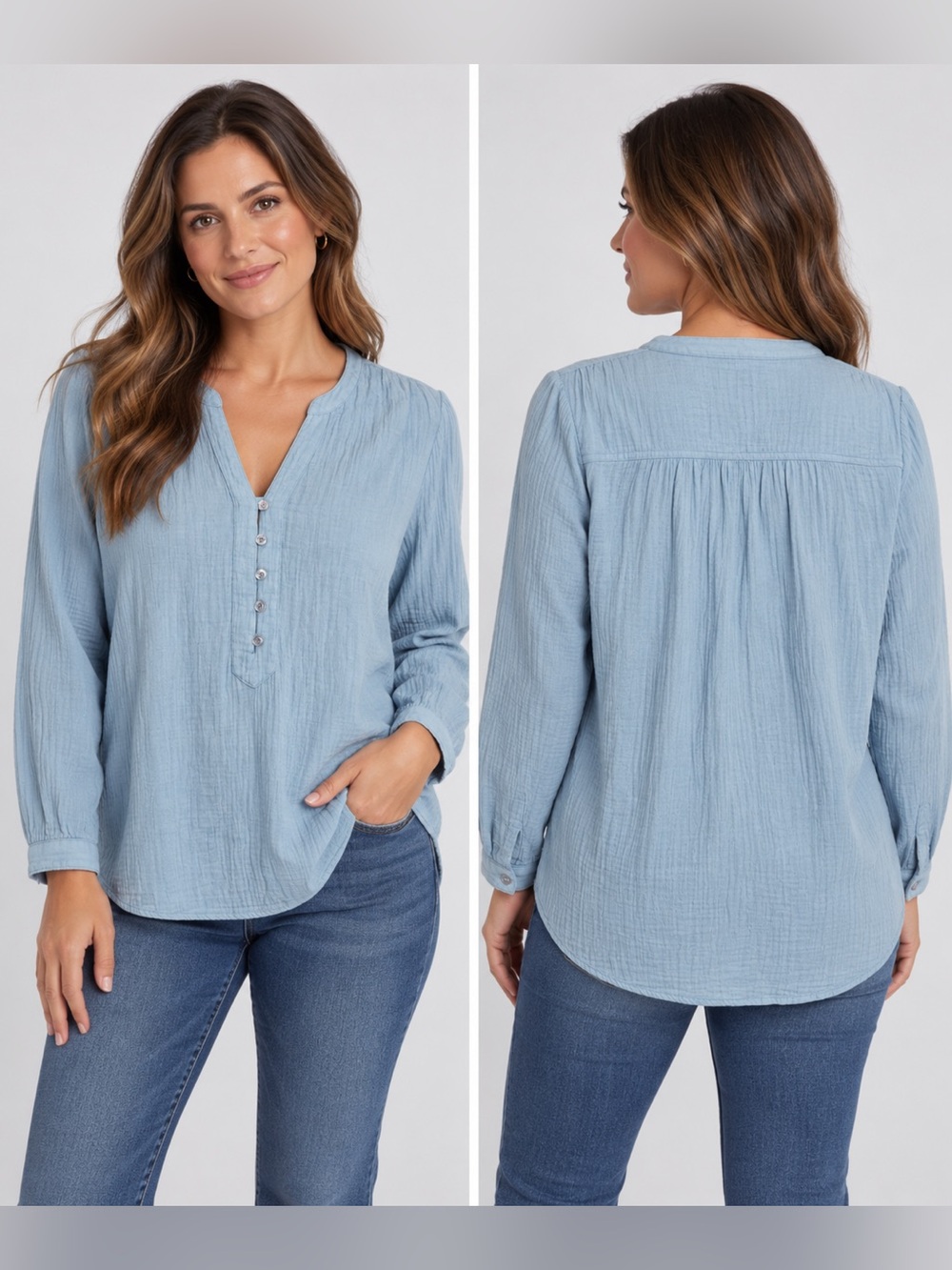 Coldwater Creek | Pale Blue Button Henley Textured Cotton Blouse | Size M | EUC